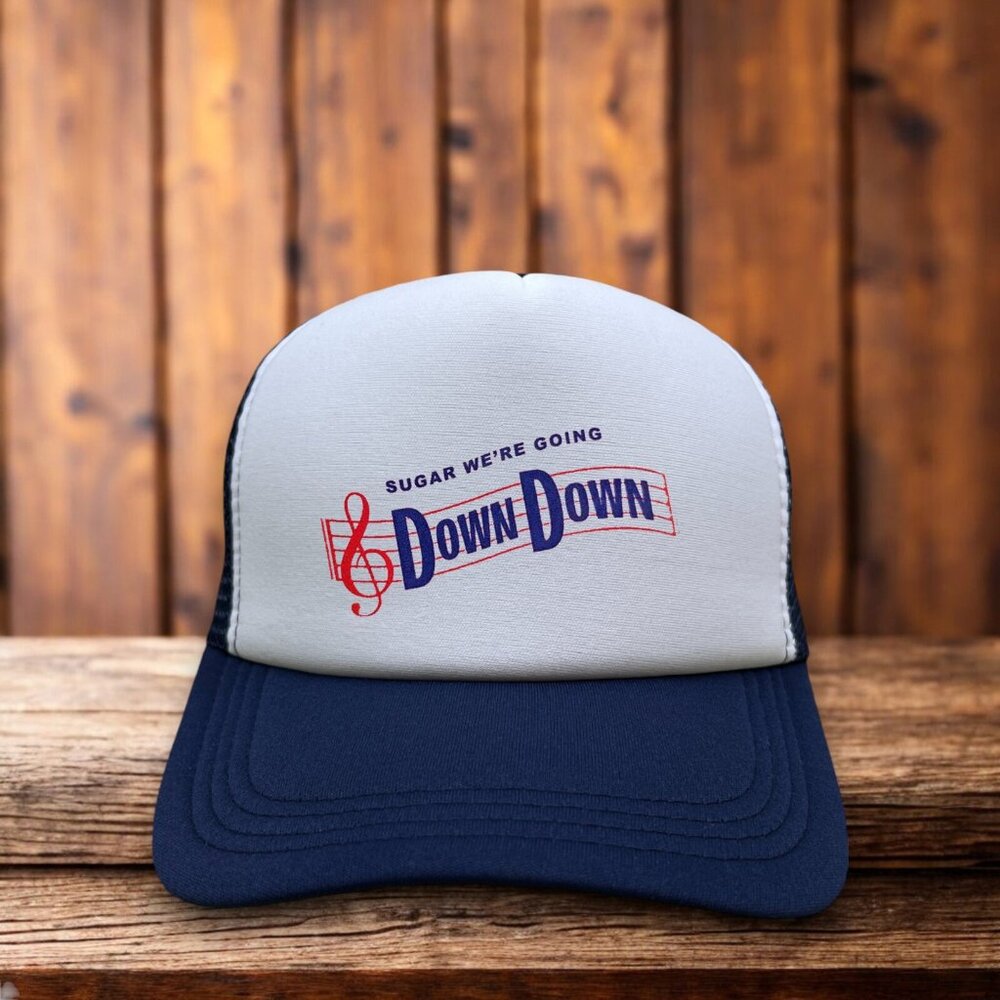 Sugar We're Going Down Down Domino Mens Trucker Hat Navy Fall Out Boy Parody Cap